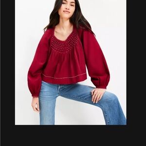 LOFT Embroidered Sweetheart Neck Blouse